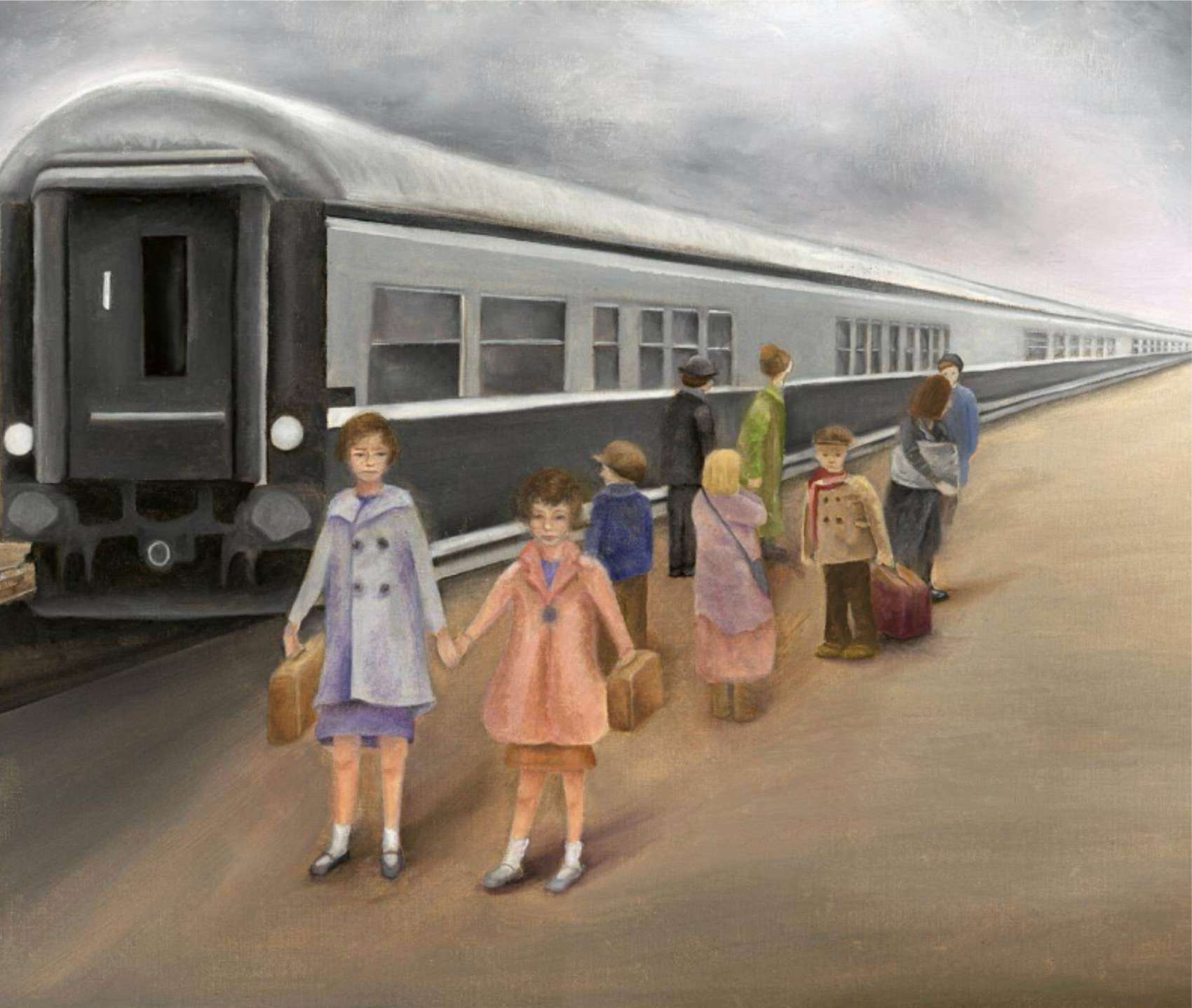 A muted grey railway platform where children in winter coats carry suitcases beside a long passenger train receding into the distance.