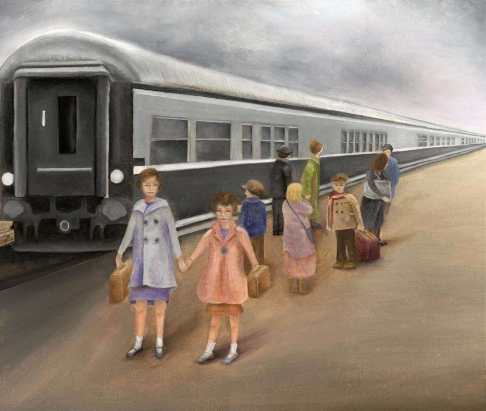 A muted grey railway platform where children in winter coats carry suitcases beside a long passenger train receding into the distance.