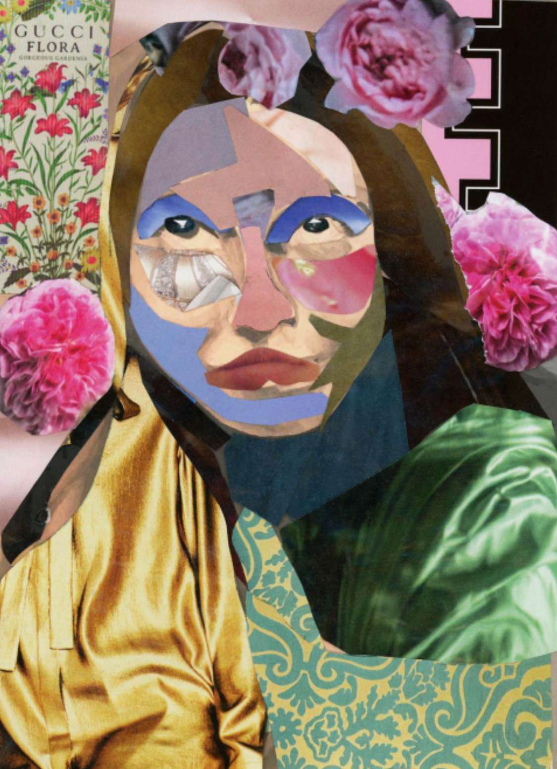 A mixed-media collage portrait of a woman whose face is assembled from cut paper in blue, pink and tan, framed by pink peonies, gold and green fabric and a botanical perfume advertisement.