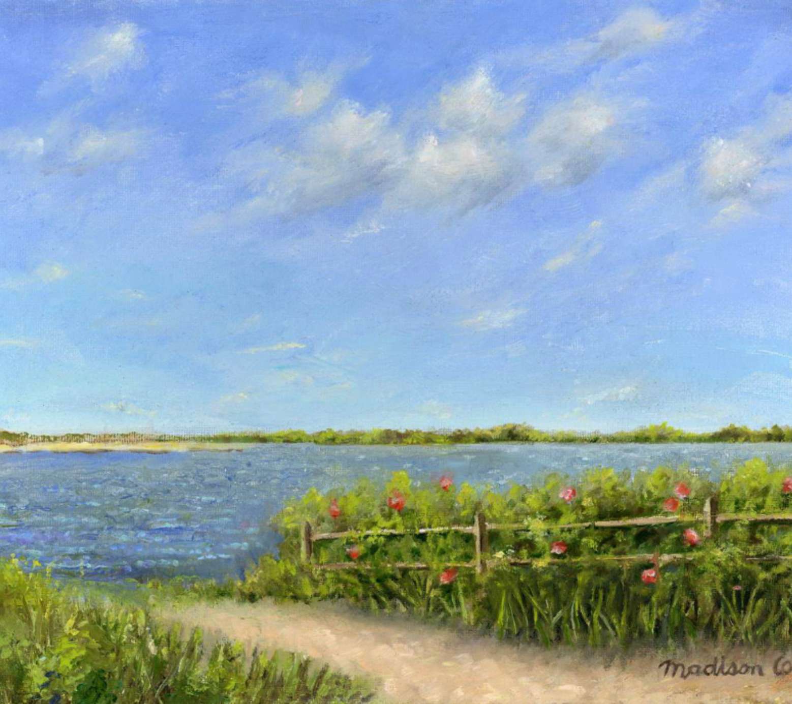 A weathered post-and-rail fence draped in wild roses along a sandy path beside a broad sunlit tidal pond, under a wide cloud-streaked sky.