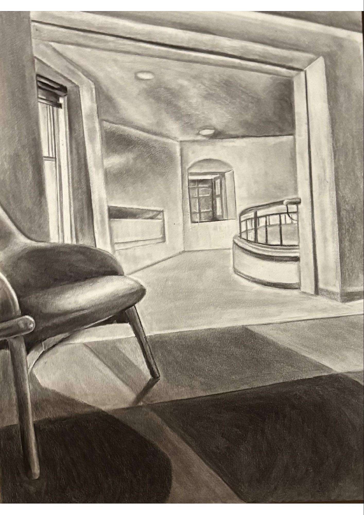 A charcoal drawing of a modern interior: a moulded lounge chair in the foreground and a corridor leading to an arched window and a curved balcony railing beyond.