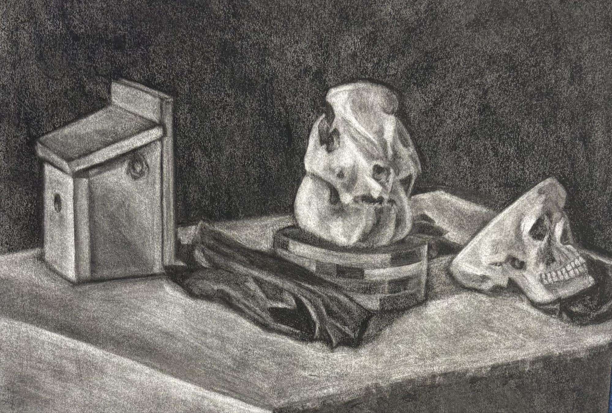 A charcoal still life of an animal skull and a human skull resting on a table beside a metal box and a draped cloth, lit against a dark ground.